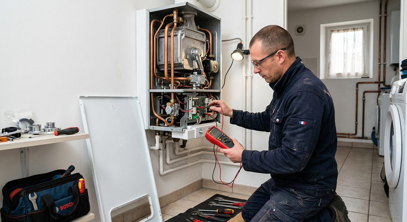 Chauffagiste réparant une chaudière gaz murale à Meudon