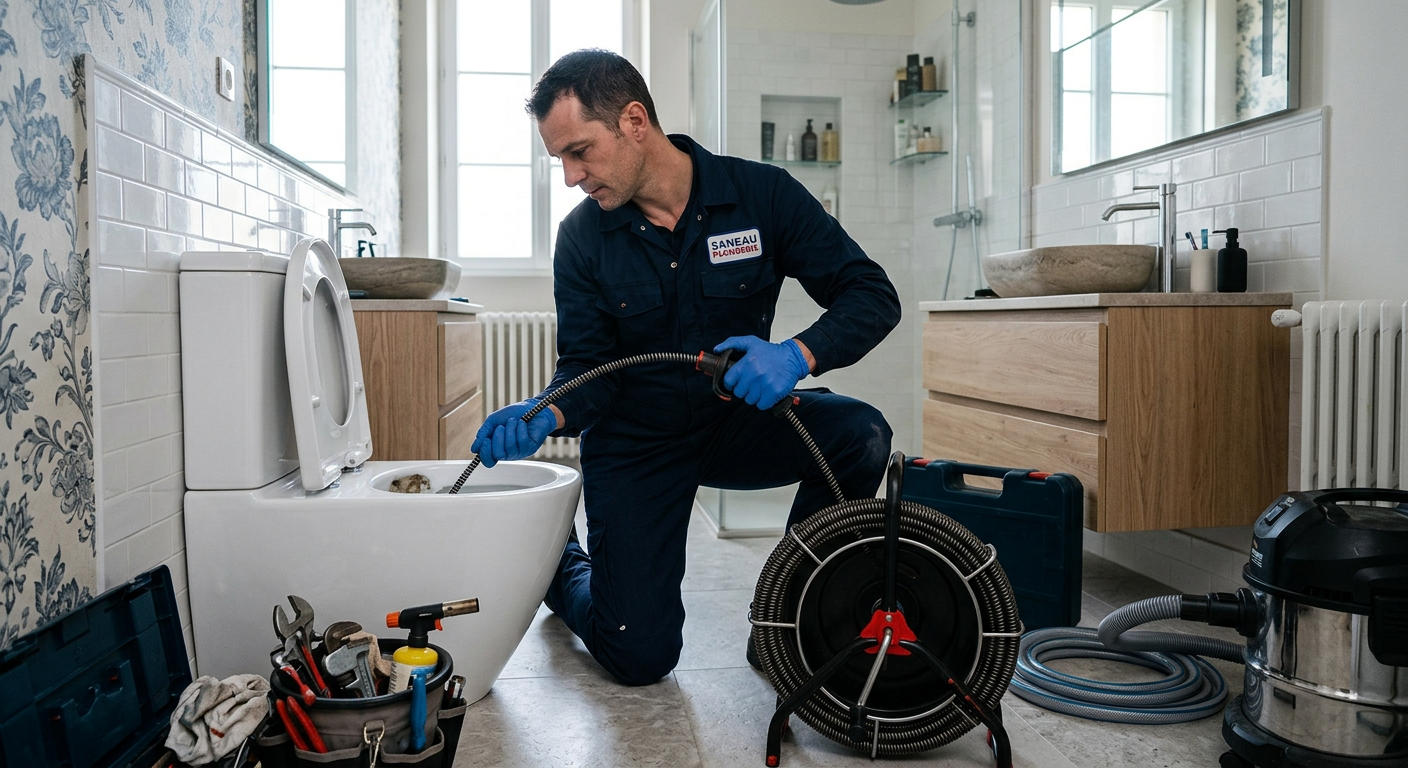 Plombier débouchant des WC au furet électrique à Meudon