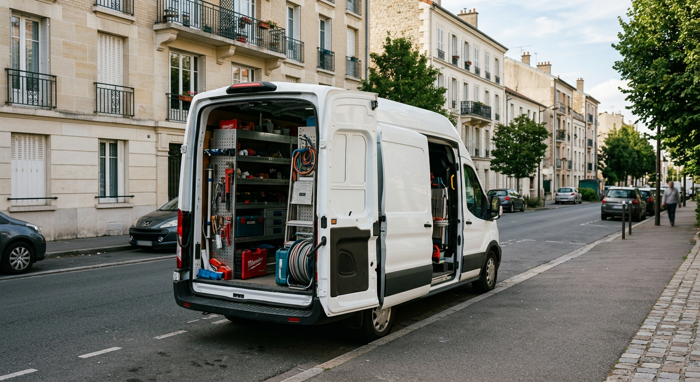 Camionnette plombier Ateliers Plombier Meudon en intervention dans les Hauts-de-Seine